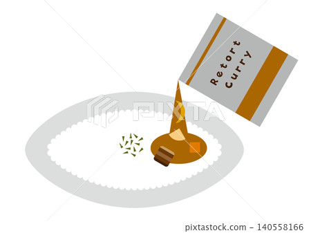 Illustration of pouring retort curry onto rice Illustration of pouring retort curry onto rice 140558166