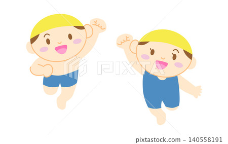 An illustration of a boy and a girl in swimsuits making a victory pose (no outline). An illustration of a boy and a girl in swimsuits making a victory pose (no outline). 140558191