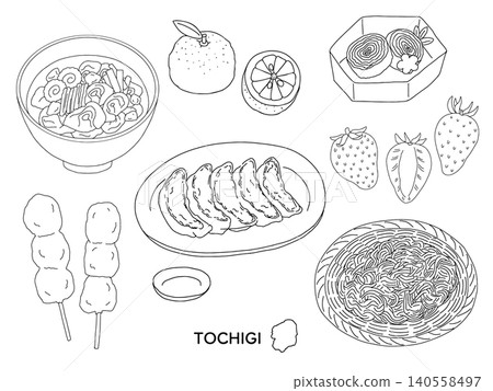 A set of monochrome illustrations of local gourmet food and specialty products from Tochigi Prefecture. 140558497