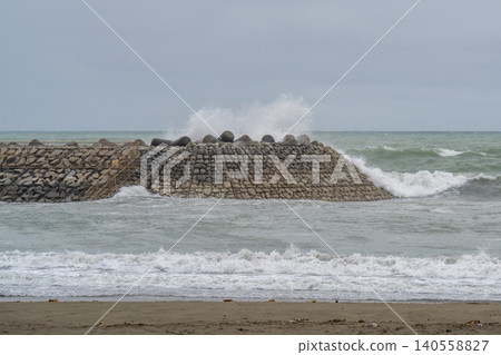 Rough waves and breakwater Rough waves and breakwater 140558827