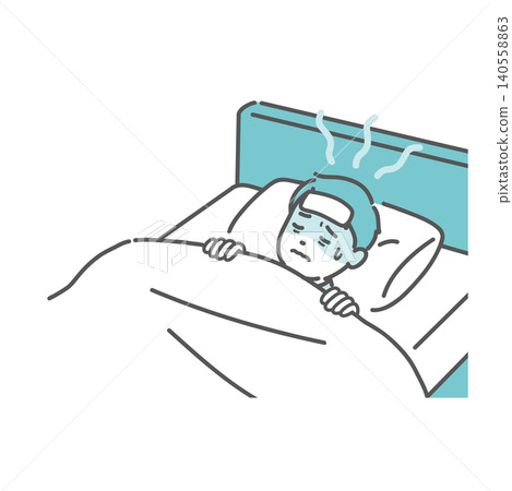 An illustration of a boy suffering in bed with a fever. 140558863