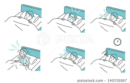 A set of illustrations depicting various states and problems a boy experiences while sleeping. A set of illustrations depicting various states and problems a boy experiences while sleeping. 140558867