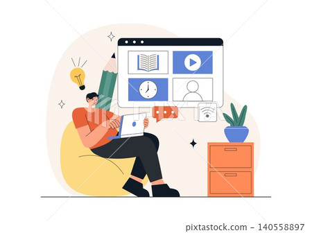 Online Learning Platform Illustration Featuring E-Learning Courses, Distance Education, Video Tutorials, Digital Study, and Remote Training Online Learning Platform Illustration Featuring E-Learning Courses, Distance Education, Video Tutorials, Digital Study, and Remote Training 140558897