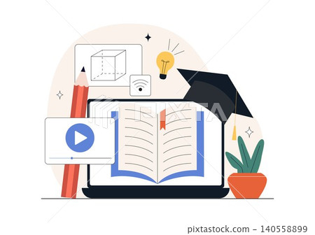 Online Learning Platform Illustration Featuring E-Learning Courses, Distance Education, Video Tutorials, Digital Study, and Remote Training 140558899