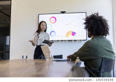 Diverse coworkers presenting data on wall display screen in conference room, tablet Diverse coworkers presenting data on wall display screen in conference room, tablet 140559349