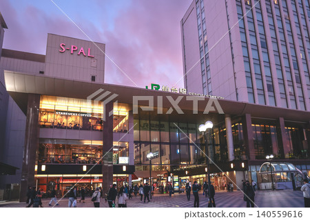 April 29 2026 west Sendai station plaza with sunset city lights April 29 2026 west Sendai station plaza with sunset city lights 140559616