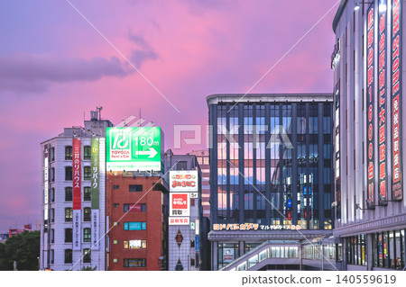 April 29 2026 west Sendai station plaza with sunset city lights April 29 2026 west Sendai station plaza with sunset city lights 140559619