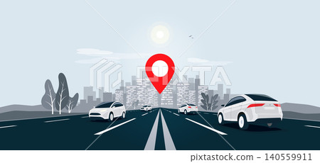 Traffic Cars on the Road Perspective Horizon with Map Pointer City Skyline Highway View. Traffic Cars on the Road Perspective Horizon with Map Pointer City Skyline Highway View. 140559911