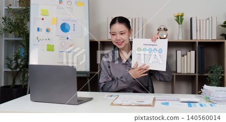 Asian woman professional giving remote work presentation online project meeting Asian woman professional giving remote work presentation online project meeting 140560014