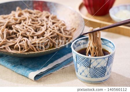 Mori Soba: Cold soba noodles served on a Japanese plate with dipping sauce. Mori Soba: Cold soba noodles served on a Japanese plate with dipping sauce. 140560112