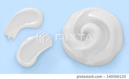 White cream swatches set on blue 3d background. Liquid swirl of shaving foam or mousse gel, top view. Cosmetic product smears, smooth texture samples for skincare. Medical ointment ad. 3D illustration White cream swatches set on blue 3d background. Liquid swirl of shaving foam or mousse gel, top view. Cosmetic product smears, smooth texture samples for skincare. Medical ointment ad. 3D illustration 140560120