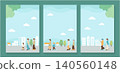 A three-part lifestyle illustration depicting a parent and child and a senior citizen walking through a light blue cityscape. 140560148