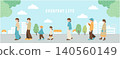 A horizontal banner illustration depicting everyday life in a light blue city. 140560149