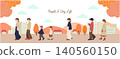 A natural, horizontal lifestyle illustration of a cityscape in autumn colors with people walking by. 140560150