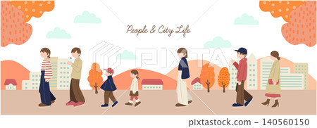 A natural, horizontal lifestyle illustration of a cityscape in autumn colors with people walking by. 140560150