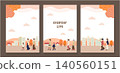 A three-part illustration depicting an everyday scene with orange-toned cityscapes and people. 140560151