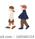 A simple character illustration of two children walking sideways. 140560154
