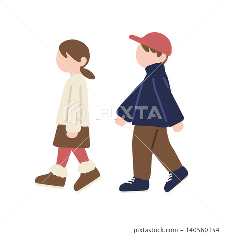 兩個孩子側身行走的簡單插圖。 兩個孩子側身行走的簡單插圖。 140560154