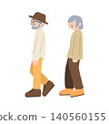 An illustration of a senior couple walking, a man wearing a hat and a woman with gray hair. 140560155