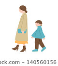 A simple character illustration depicting an everyday scene of a parent and child walking side by side. 140560156