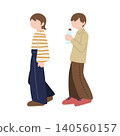 An everyday illustration of a man holding a drink and a woman in a striped shirt walking. 140560157