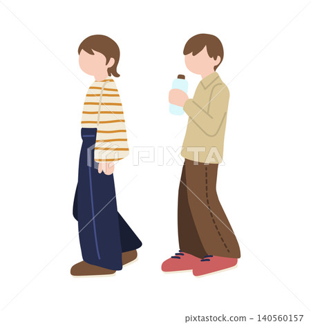 一幅日常插圖,描繪了一名男子手持飲料,一名身穿條紋襯衫的女子正在行走。 一幅日常插圖,描繪了一名男子手持飲料,一名身穿條紋襯衫的女子正在行走。 140560157
