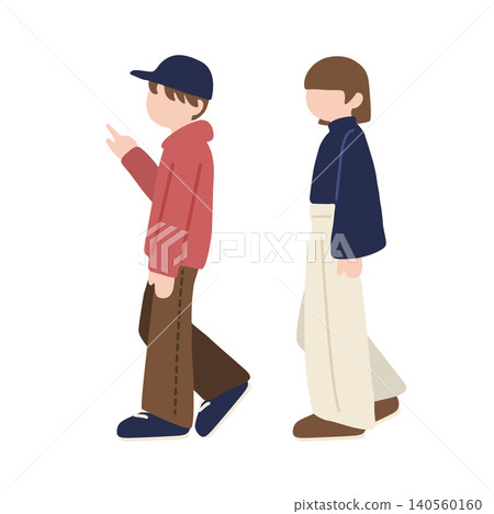 一對年輕夫婦的插畫:男子指著前方,女子行走。 一對年輕夫婦的插畫:男子指著前方,女子行走。 140560160