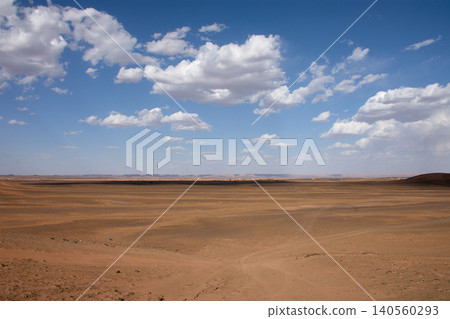 A dirt and gravel track leads towards the fine sand hills of the Merzouga Desert in Morocco. A dirt and gravel track leads towards the fine sand hills of the Merzouga Desert in Morocco. 140560293