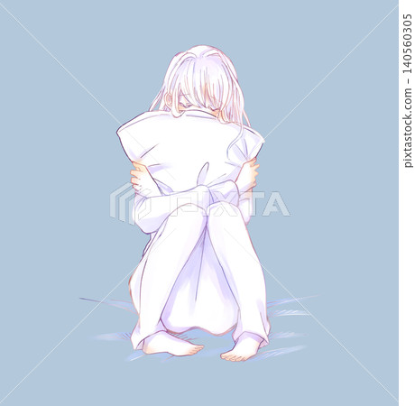 A woman holding a cushion with an anxious expression (line drawing) 140560305