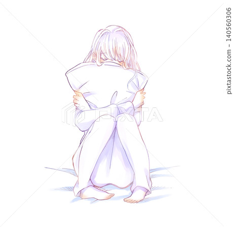 A woman holding a cushion with an anxious expression (line drawing) A woman holding a cushion with an anxious expression (line drawing) 140560306