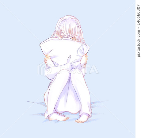 A woman holding a cushion with an anxious expression (line drawing) A woman holding a cushion with an anxious expression (line drawing) 140560307