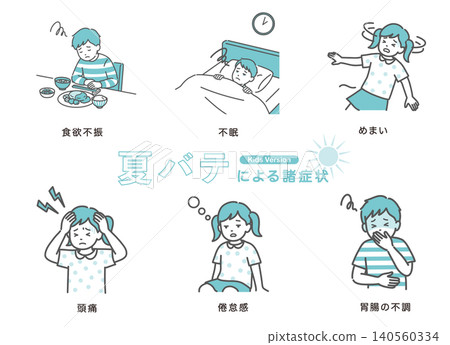 一組描繪夏季疲勞各種症狀的插圖(兒童版) 一組描繪夏季疲勞各種症狀的插圖(兒童版) 140560334
