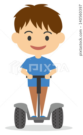 一幅描繪男子騎著電動站立式自行車的插圖。 一幅描繪男子騎著電動站立式自行車的插圖。 140560397