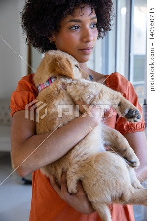 African american woman holding golden retriever puppy with collar, gazing out window at home African american woman holding golden retriever puppy with collar, gazing out window at home 140560715