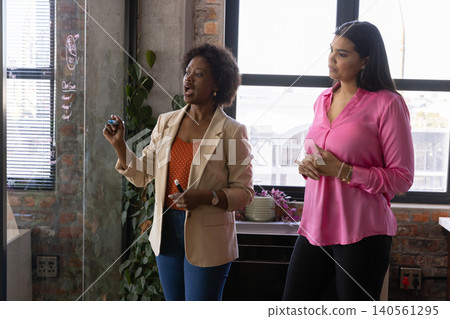 Diverse female colleagues presenting diagrams on glass board in loft office with markers Diverse female colleagues presenting diagrams on glass board in loft office with markers 140561295
