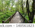 Wooden deck walkway path through green forest park 140561823