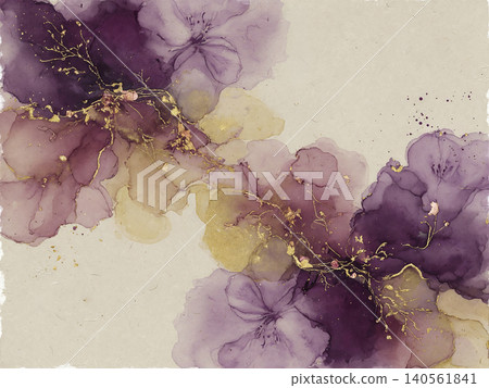 A luxurious Japanese modern background where purple and gold watercolors blend together. A luxurious Japanese modern background where purple and gold watercolors blend together. 140561841