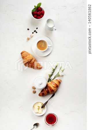 Minimal French Breakfast Flat Lay with Croissants and Coffee Minimal French Breakfast Flat Lay with Croissants and Coffee 140561862