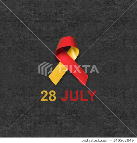Minimalist concept for World Hepatitis Day on July 28th featuring a red and yellow awareness ribbon over a dark textured background with the date written below Minimalist concept for World Hepatitis Day on July 28th featuring a red and yellow awareness ribbon over a dark textured background with the date written below 140562049