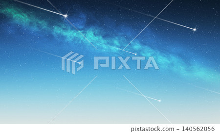 Beautiful meteor shower with shooting stars falling across a glowing blue starry night sky and nebula Beautiful meteor shower with shooting stars falling across a glowing blue starry night sky and nebula 140562056