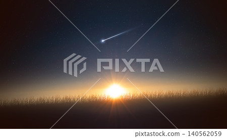A spectacular view of a bright meteor or shooting star streaking across a starry night sky as the sun rises over a quiet cornfield, creating a beautiful blend of night and dawn A spectacular view of a bright meteor or shooting star streaking across a starry night sky as the sun rises over a quiet cornfield, creating a beautiful blend of night and dawn 140562059