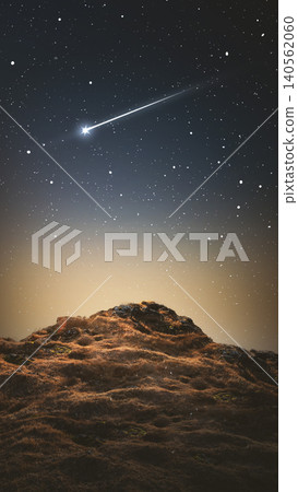 A breathtaking view of a bright shooting star or meteor streaking across a clear, starry night sky above a dark, textured rocky hill. Beautiful cosmic landscape A breathtaking view of a bright shooting star or meteor streaking across a clear, starry night sky above a dark, textured rocky hill. Beautiful cosmic landscape 140562060