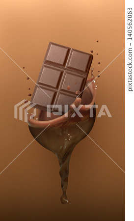 A 3D illustration of a milk chocolate bar splashing into a swirl of rich, liquid chocolate against a warm brown background A 3D illustration of a milk chocolate bar splashing into a swirl of rich, liquid chocolate against a warm brown background 140562063