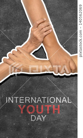 Vertical banner for International Youth Day featuring three hands holding wrists in a triangle on a dark textured background, symbolizing unity and collaboration Vertical banner for International Youth Day featuring three hands holding wrists in a triangle on a dark textured background, symbolizing unity and collaboration 140562069