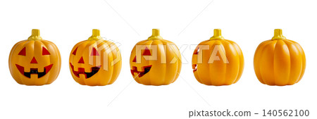 A horizontal sequence of five decorative orange jack-o-lantern pumpkins showing progressive rotation, isolated on a white background, perfect for Halloween design projects 140562100