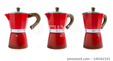 Studio shot of three red stovetop espresso makers, also known as Moka pots, arranged in a row against a plain white background, showing different side profiles and details Studio shot of three red stovetop espresso makers, also known as Moka pots, arranged in a row against a plain white background, showing different side profiles and details 140562101