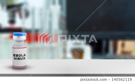 A vial labeled Ebola Virus sits on a laboratory desk with blurred scientific equipment, test tubes, and a microscope in the background, representing medical research or vaccine development A vial labeled Ebola Virus sits on a laboratory desk with blurred scientific equipment, test tubes, and a microscope in the background, representing medical research or vaccine development 140562119