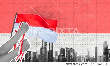 Digital collage celebrating Indonesia's Independence Day (Hari Kemerdekaan) featuring the red and white flag, clenched fists with ribbon, and Jakarta cityscape 140562131