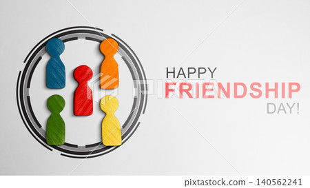 A minimalist greeting card for Happy Friendship Day featuring five multi-colored wooden peg dolls arranged inside a circular frame on a light background A minimalist greeting card for Happy Friendship Day featuring five multi-colored wooden peg dolls arranged inside a circular frame on a light background 140562241
