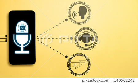 Conceptual graphic of a smartphone with an AI microphone connected to speech, customer support, and chat icons 140562242
